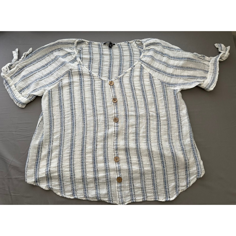 Unique Spectrum Women 2X Blue White Striped Cotton Gauze Button Front Tie Top